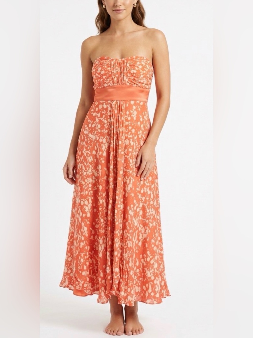 MAX & CLEO 100% Silk Overlay Orange Floral Strapless Size 10 Boho Chic Sundress